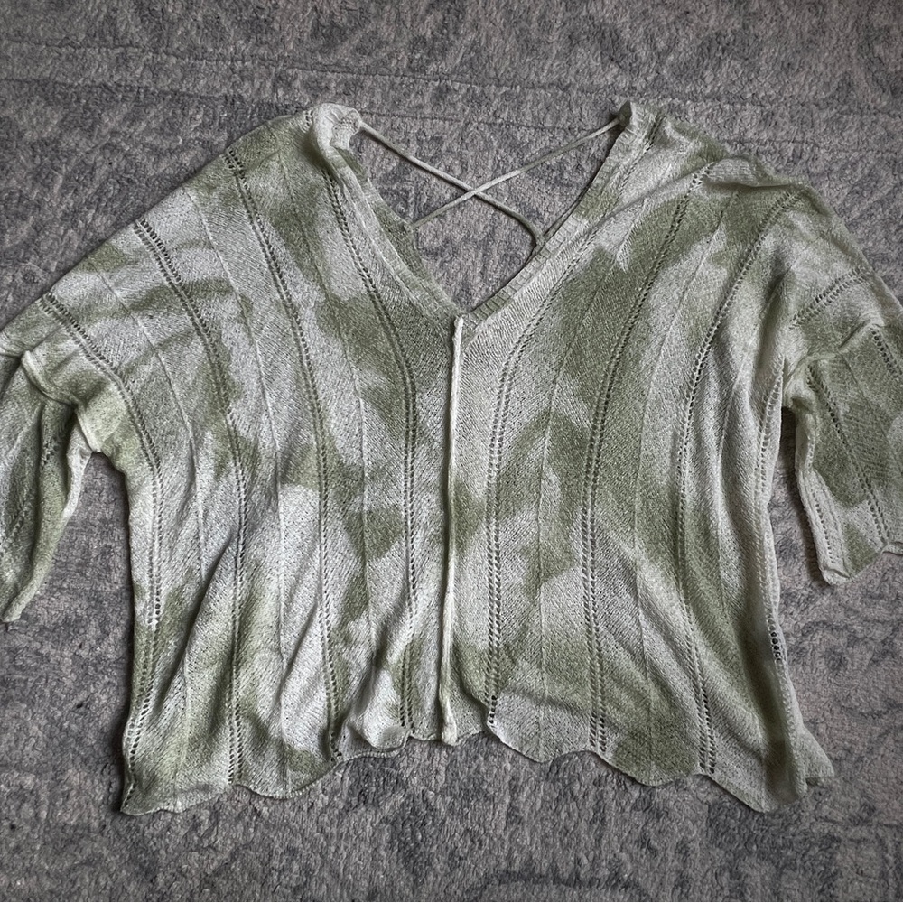 POL Oversized Sage Green Open Knit V-Neck Top